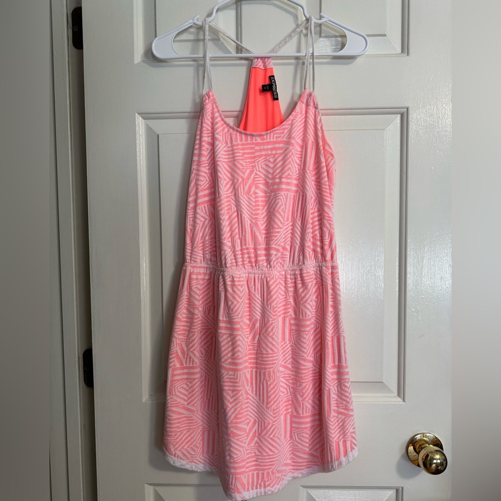 Express Neon Orange & White Geometric Knit Sundress – Size Small